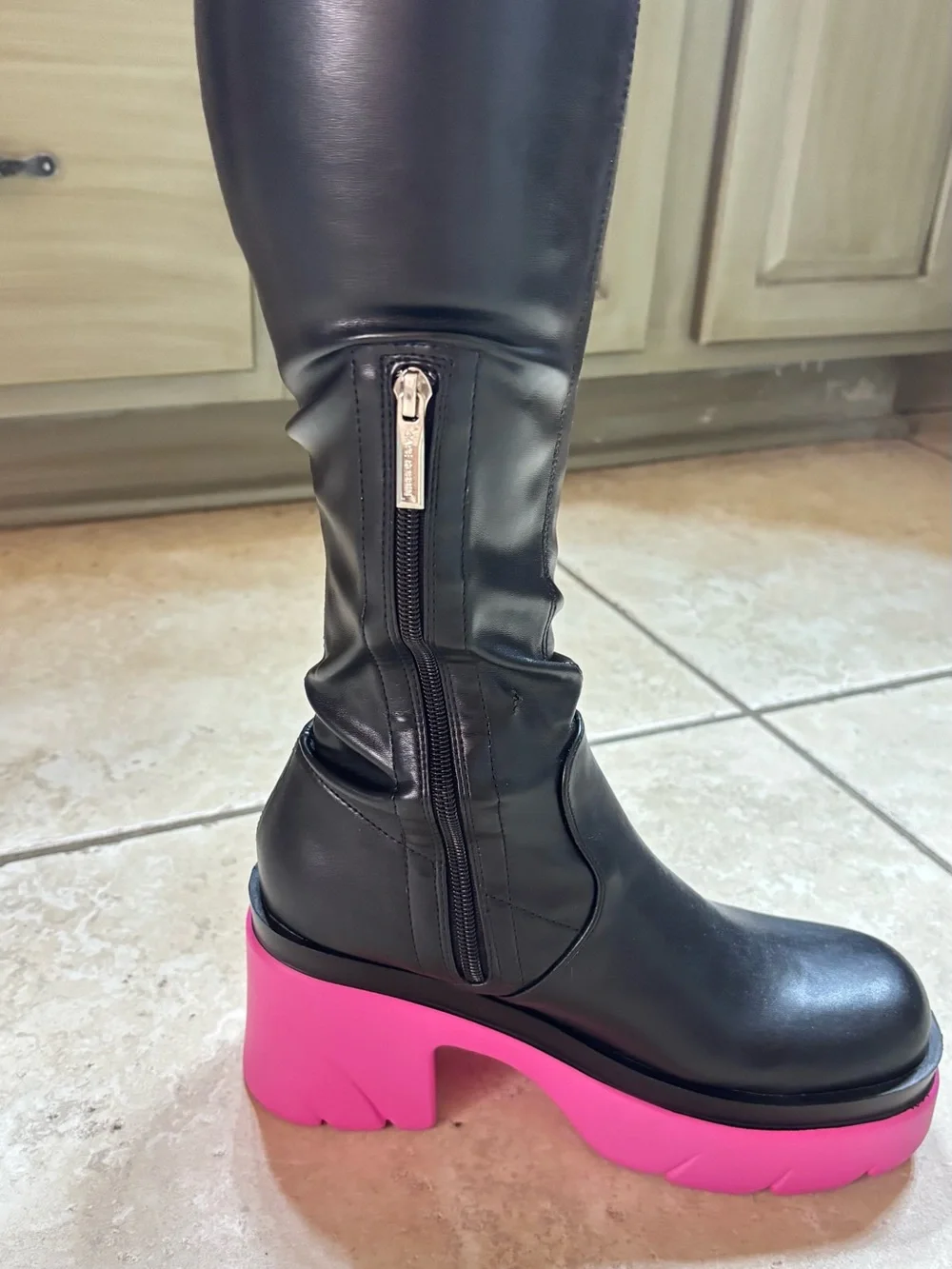 Cape Robbin Black Knee-High Boot with Pink Platform Sole